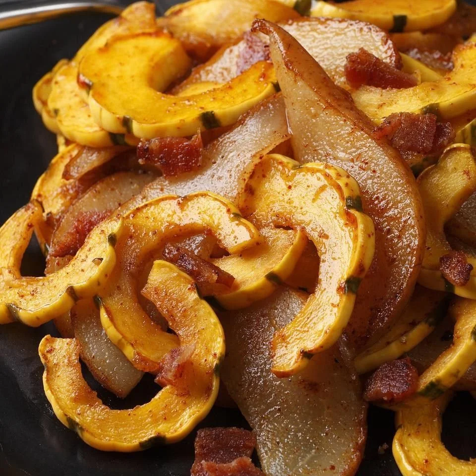 Chili-Brown Sugar Delicata Squash with Bacon, Apples, or Pears