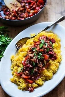 Roasted Spaghetti Squash with Eggplant Puttanesca