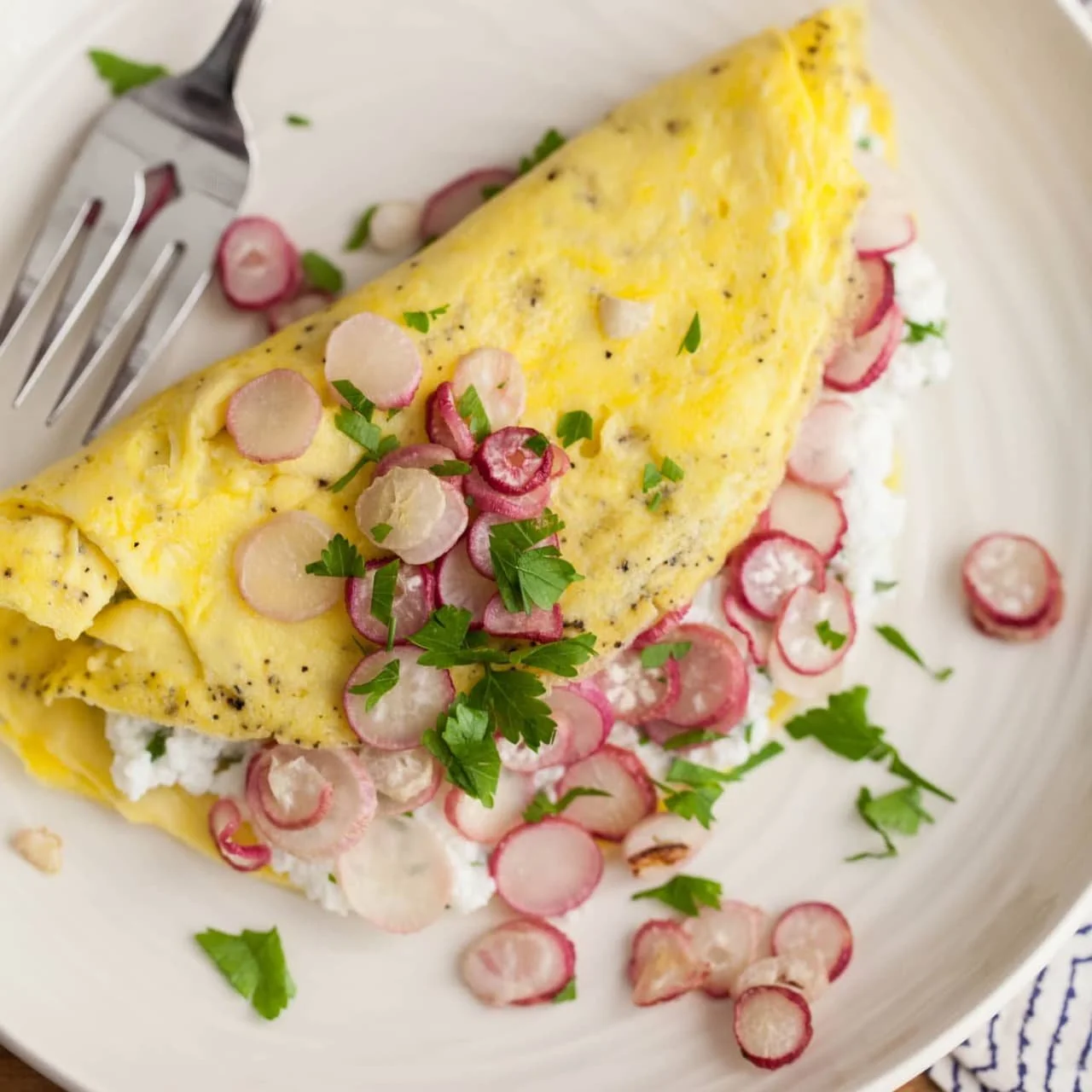 Roasted Radish and Herbed Goat Cheese Omelet