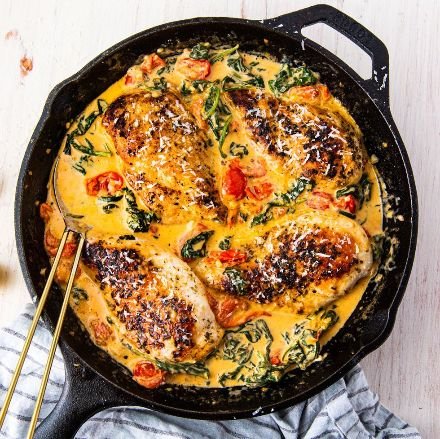Tuscan Chicken with Baby Spinach and Crusty Bread for Dipping