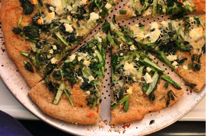 Kale Rabe and Asparagus Pizza