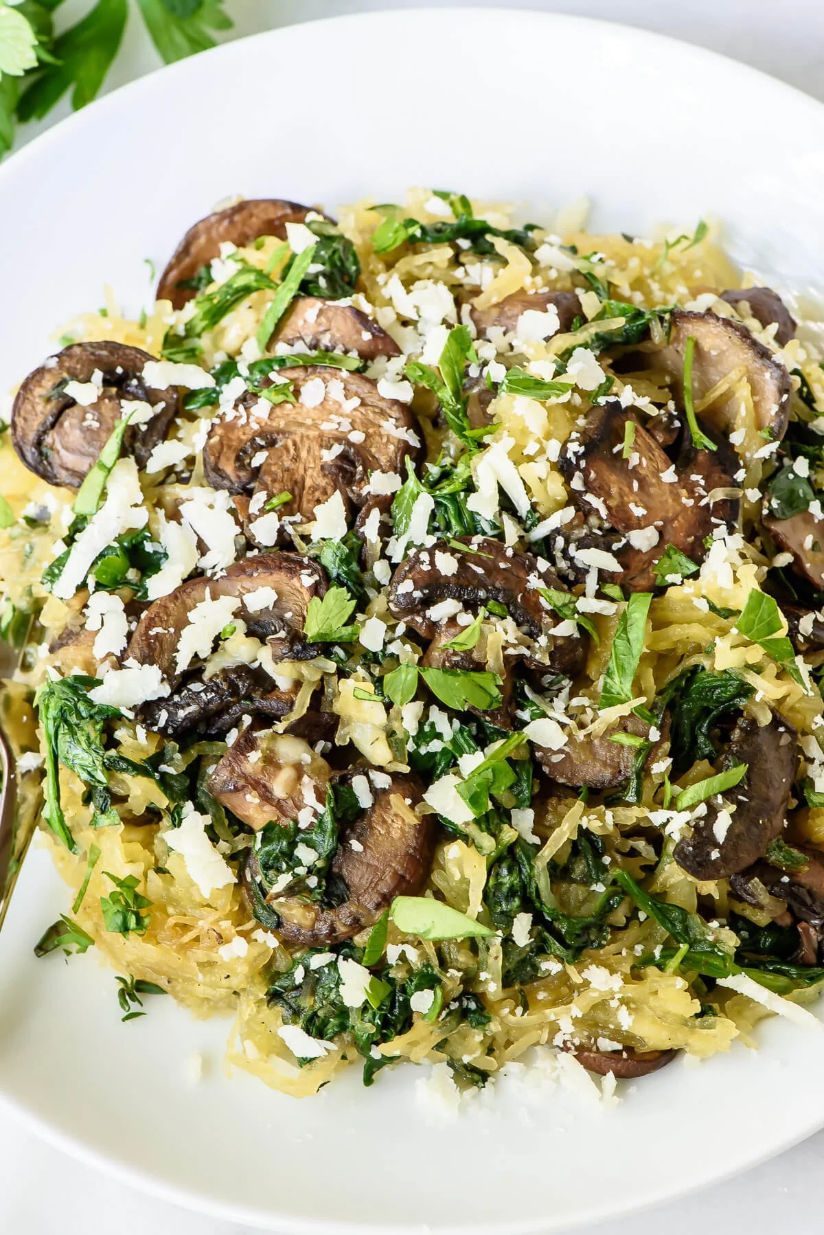 Roasted Spaghetti Squash with Mushrooms, Spinach and Parmesan