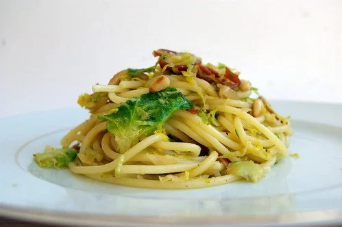 Pasta with Shaved Brussels Sprouts and Pancetta