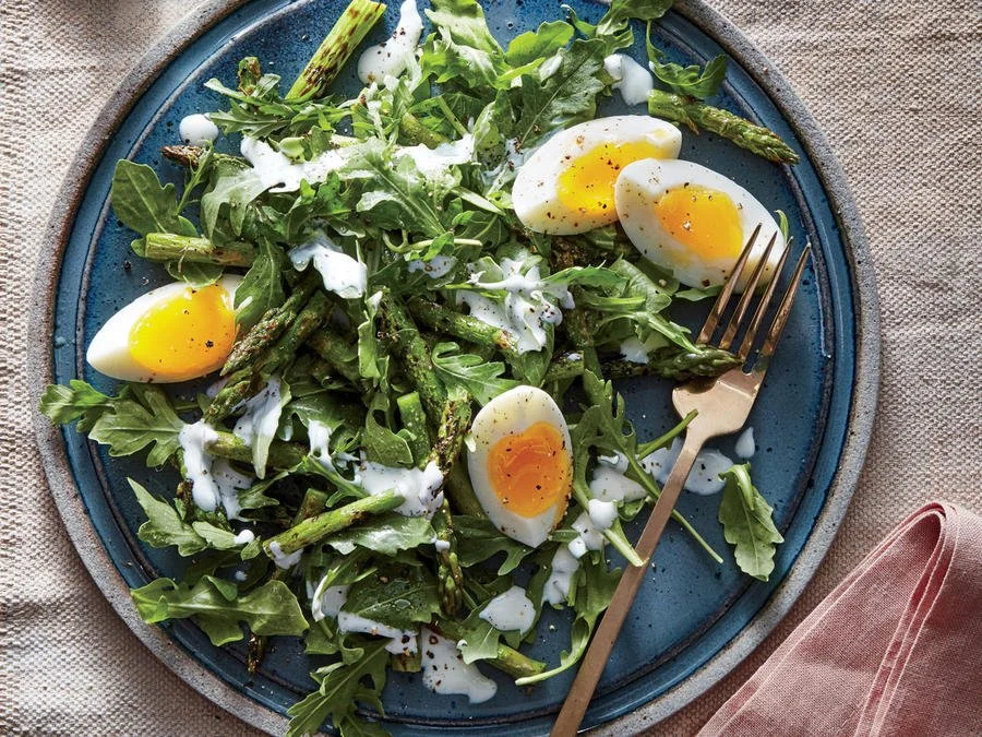 Arugula, Egg and Charred Asparagus Salad
