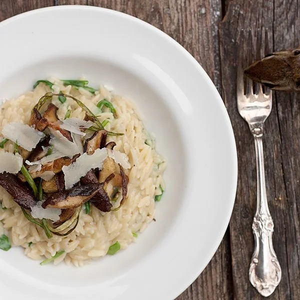 Orzo with Shiitake Mushrooms and Garlic Scapes