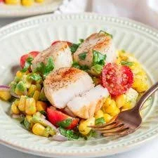 Scallops with Peach, Corn, Tomato and Parsley Salad