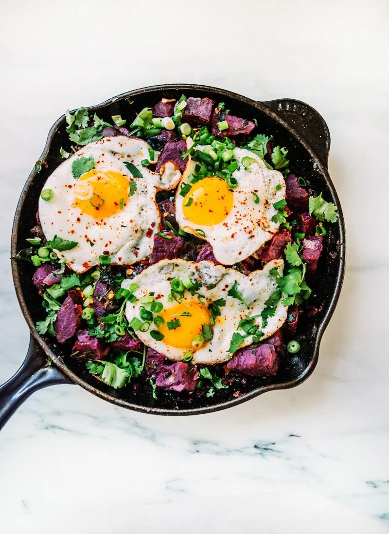 Blue Potato Hash with Kale and Fried Eggs