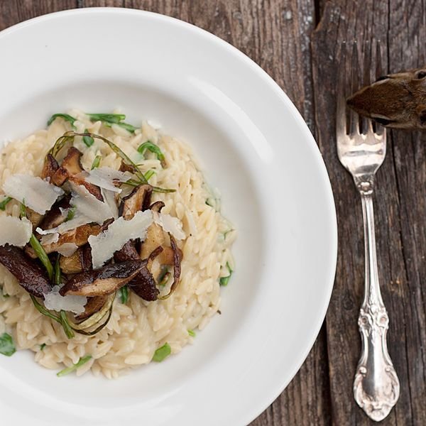 Orzo with Shiitake Mushrooms and Garlic Scapes