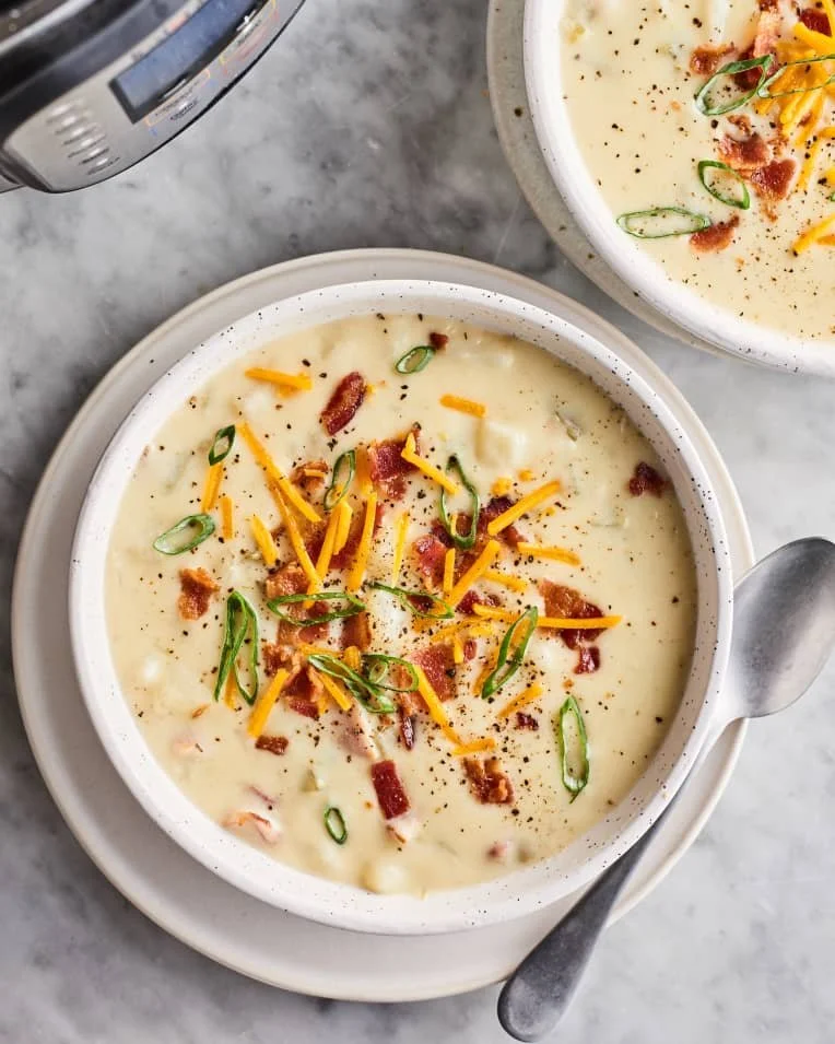Potato Soup with Cheddar, Bacon and Scallions