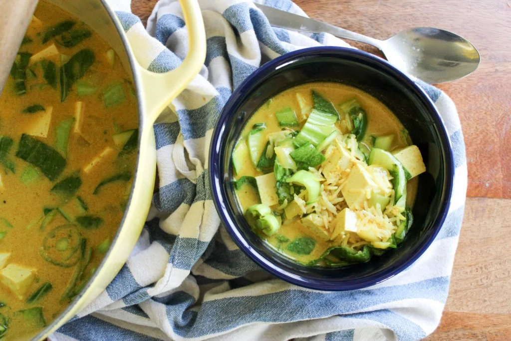 Sweet Potato Curry with Bok Choy/Spinach/Kale, Tofu and Caramelized Shallots