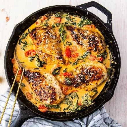 Tuscan Chicken with Baby Spinach and Crusty Bread for Dipping