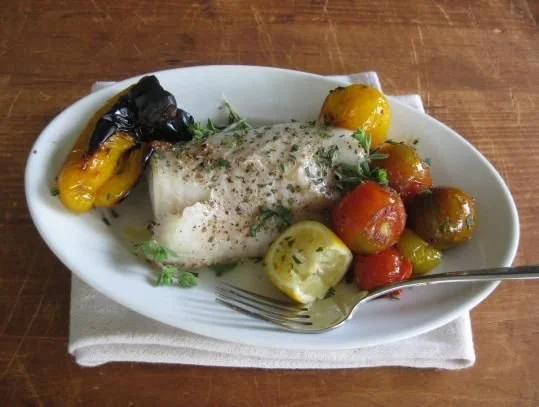 Roasted Fish with Sauteed Cherry Tomatoes and Mini Peppers