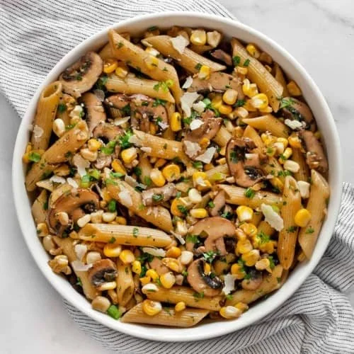 Pasta with Chicken Sausage, Leeks, Corn, and Crimini Mushrooms