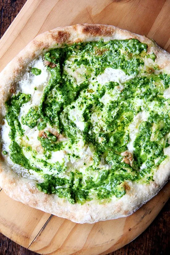 Pizza with Ramp Pesto and Fresh Mozzarella