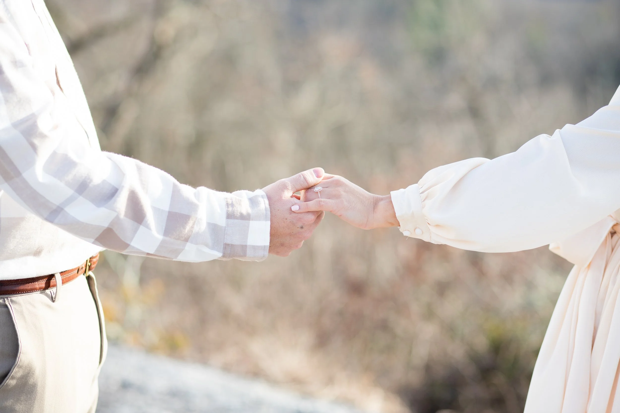 A person wearing a beige checkered shirt is holding hands with another person wearing a cream-colored dress, with an engagement ring visible on the finger of the person in the dress. They are outdoors with a blurred background of trees and natural scenery.