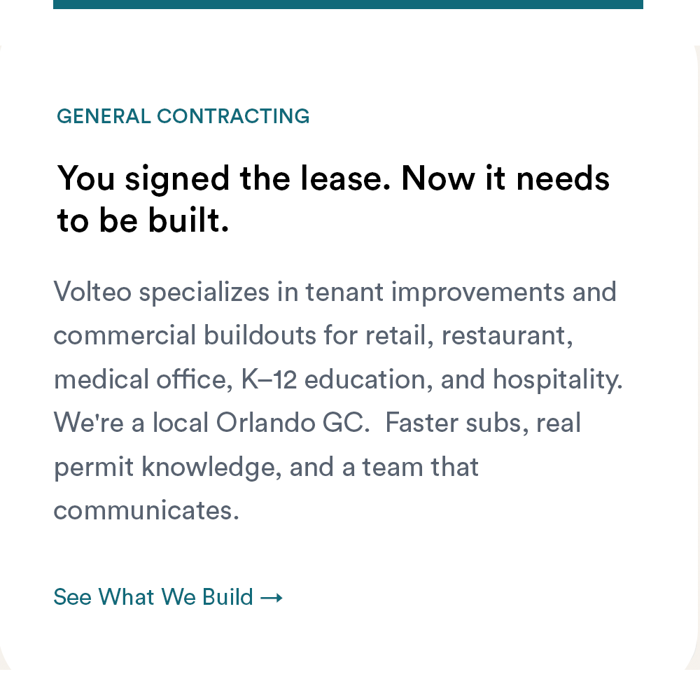 A webpage discussing construction and tenant improvements for commercial buildings, mentioning signing a lease and building construction.