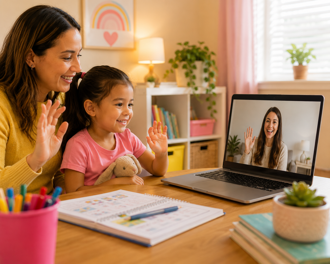 A woman and a young girl smiling and waving at a laptop screen during a video call, sitting at a desk with colorful pens, notebooks, and a stuffed rabbit in a cozy, well-lit room.