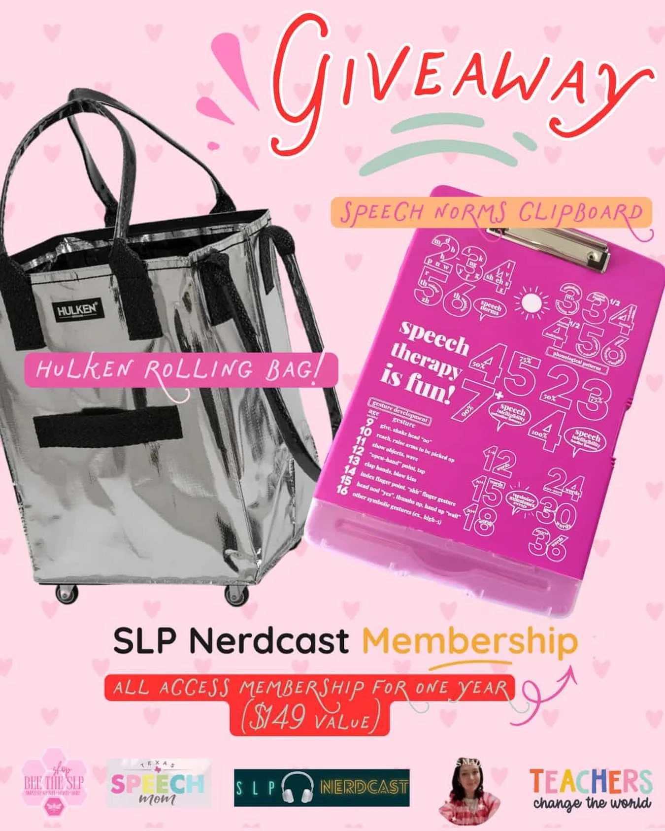 &hearts;️💌💗 GIVEAWAY!!! 💗💌&hearts;️

one winner will be chosen and receive:
✨ Hulken rolling bag
✨ @beetheslp speech norms developmental clipboard
✨ one year all access membership to SLP nerdcast (CEUs) @slpnerdcast

1.	easy to enter - just follo