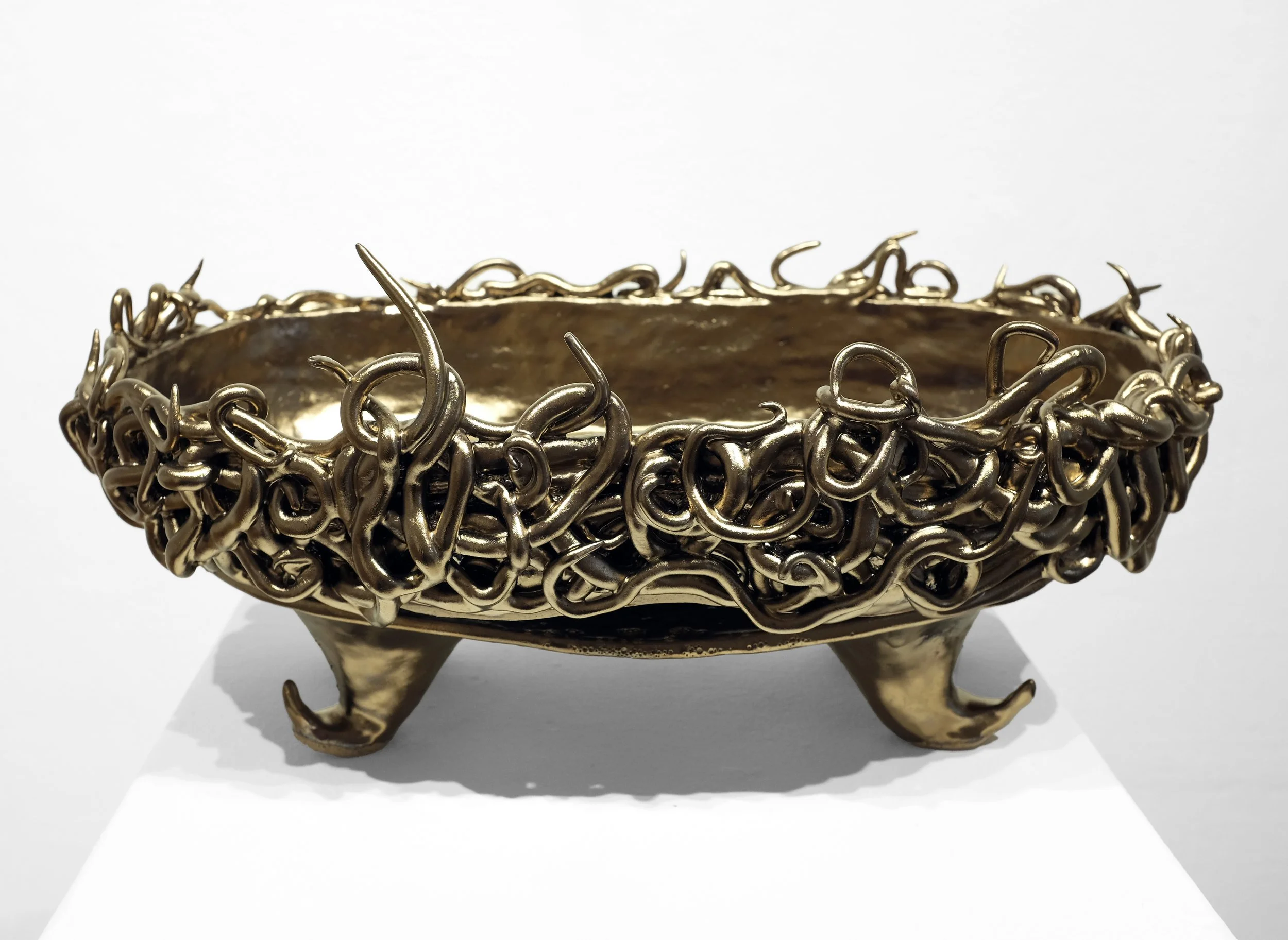 Ceramic stand, white stoneware, gold glaze, H:9" x W:19" x D:12"