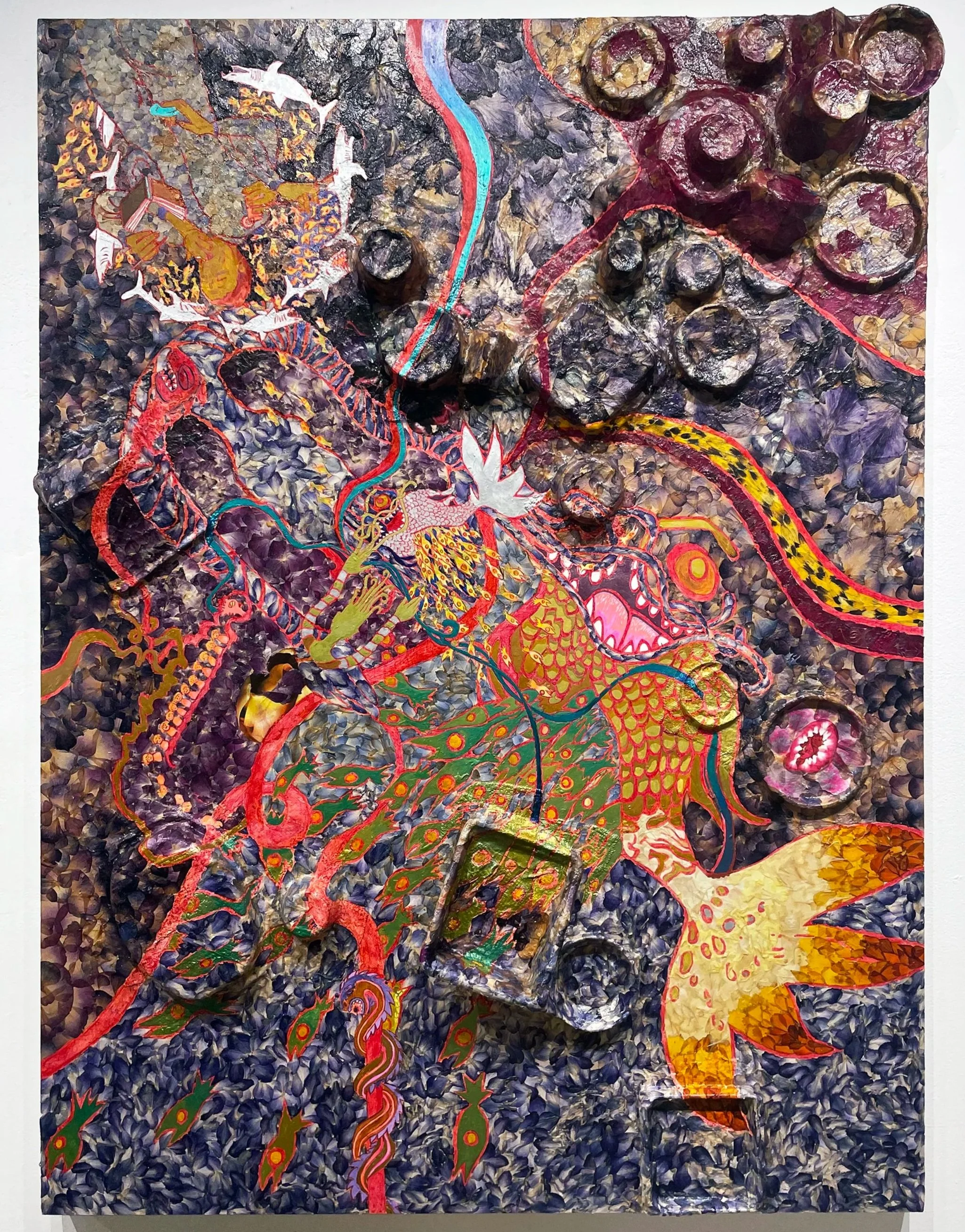 Déflorée History #3 Reproduction, 2023, flower petals, medium, recycled containers, plaster cloth on wood cradled panel, W:48”xH:60”xD:7” 