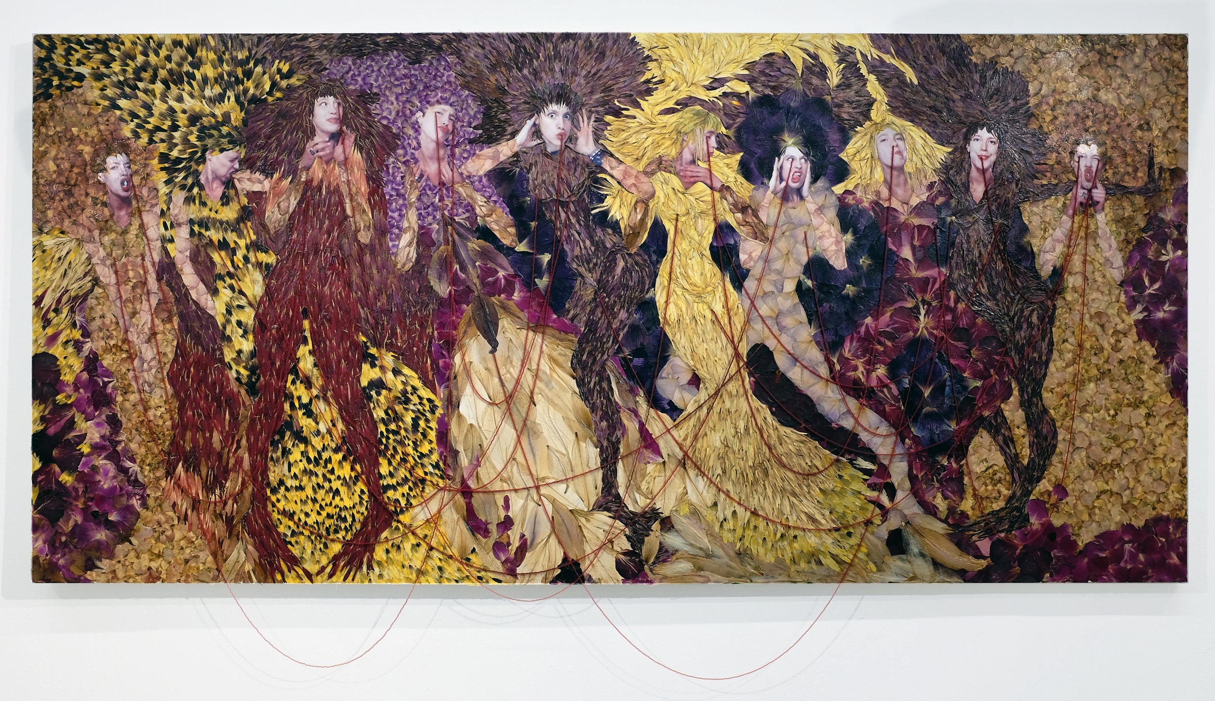 Chorus Chaos, 2025, flower petals, photos, medium on canvas, H:34”xW:71”xD:1.5”