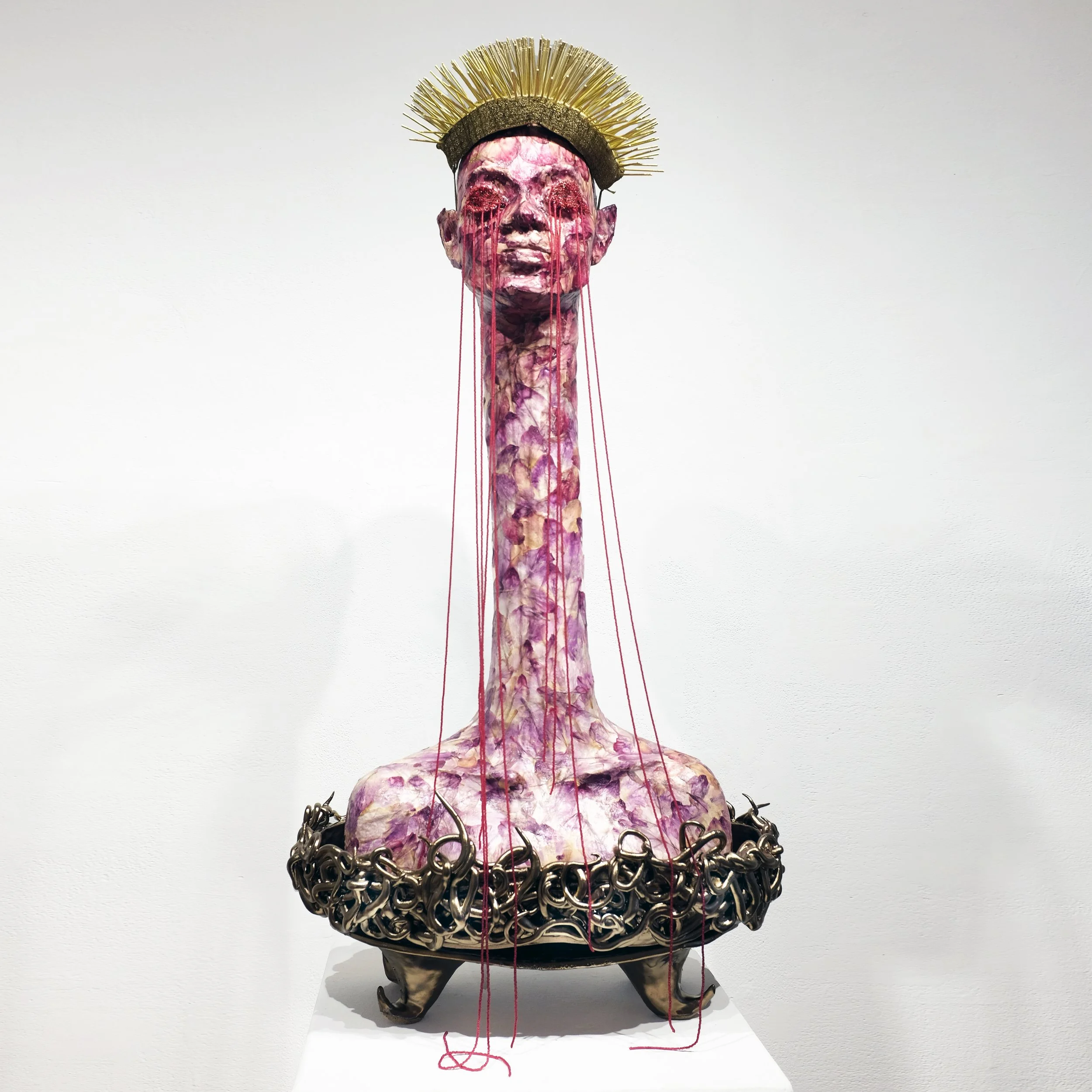 Lax Chimera I, 2026, Epoxy clay, mannequin parts, flower petals, beads, medium, ceramic stand, H:38" x W:19" x D:12"