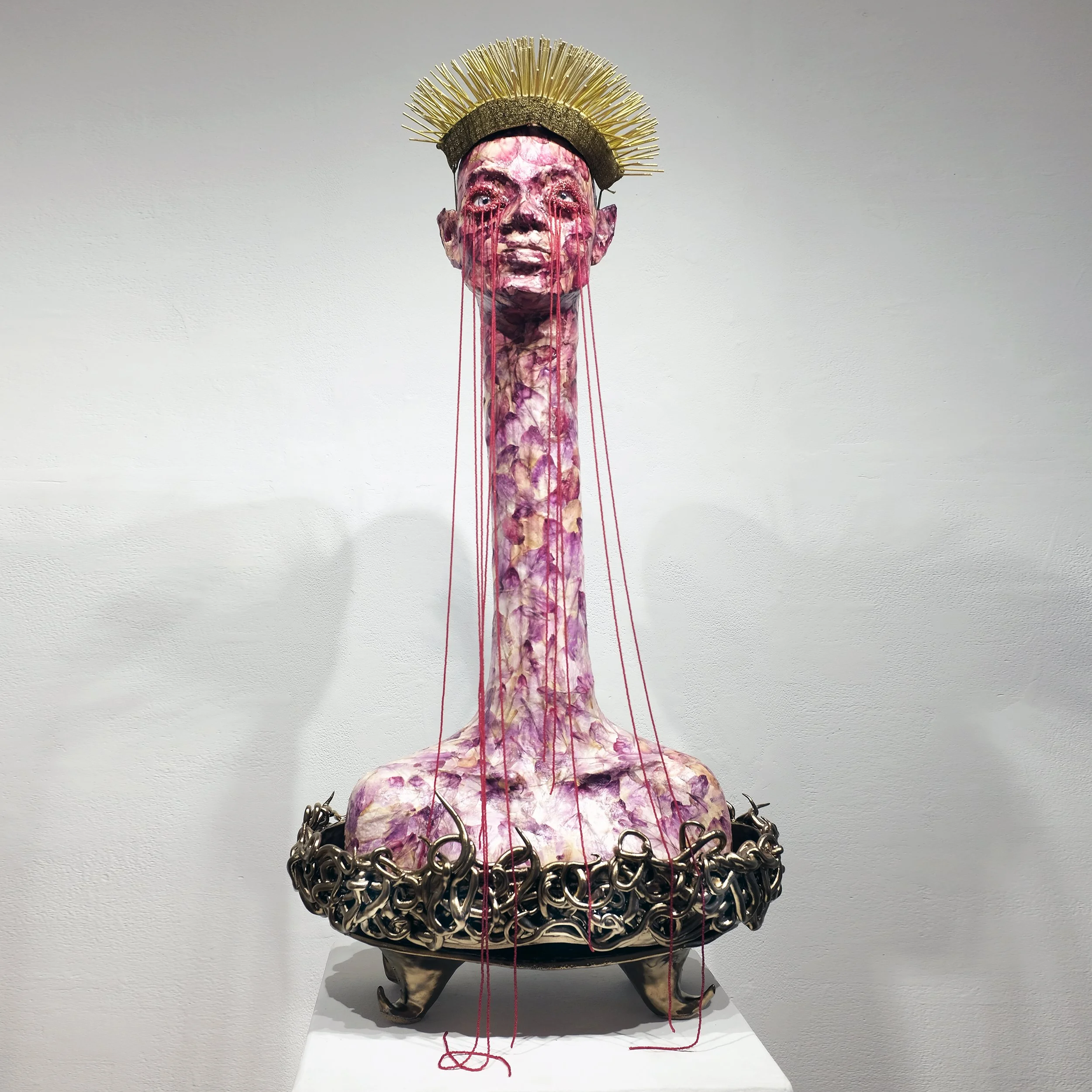 Lax Chimera I, 2026, Epoxy clay, mannequin parts, flower petals, beads, medium, ceramic stand, H:38" x W:19" x D:12"