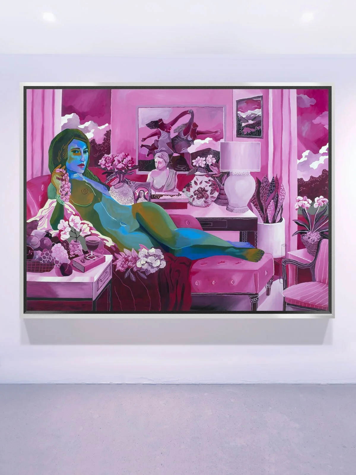 Colorful modern painting of a woman with blue and green skin lounging on a pink sofa in a room filled with vases, flowers, a bust sculpture, and artwork, with a window showing pink sky clouds.