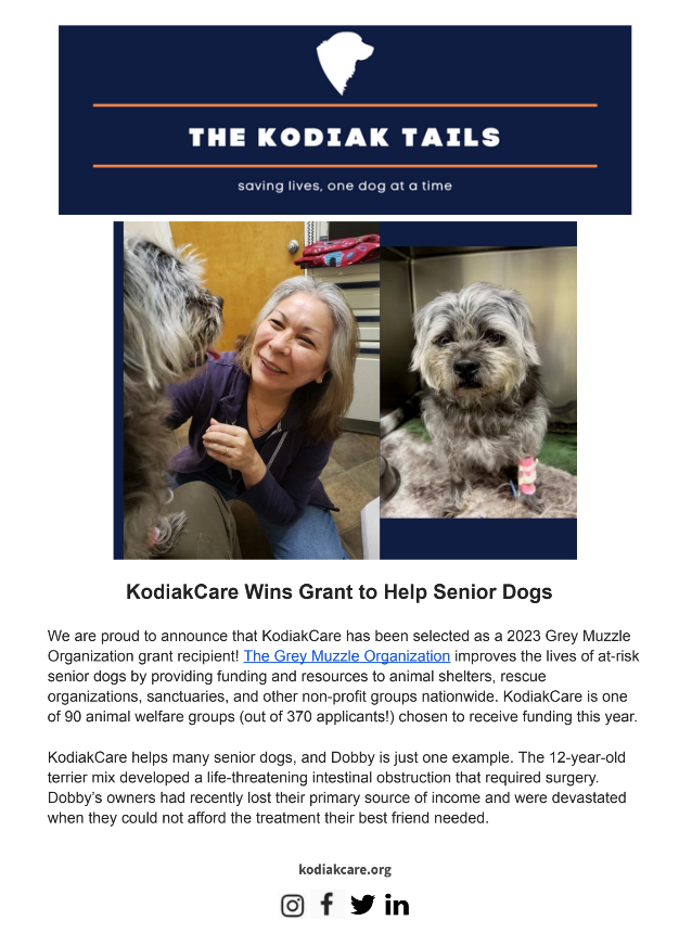 KodiakCare Wins Grant to Help Senior Dogs: The Grey Muzzle Organization and KodiakCare Press