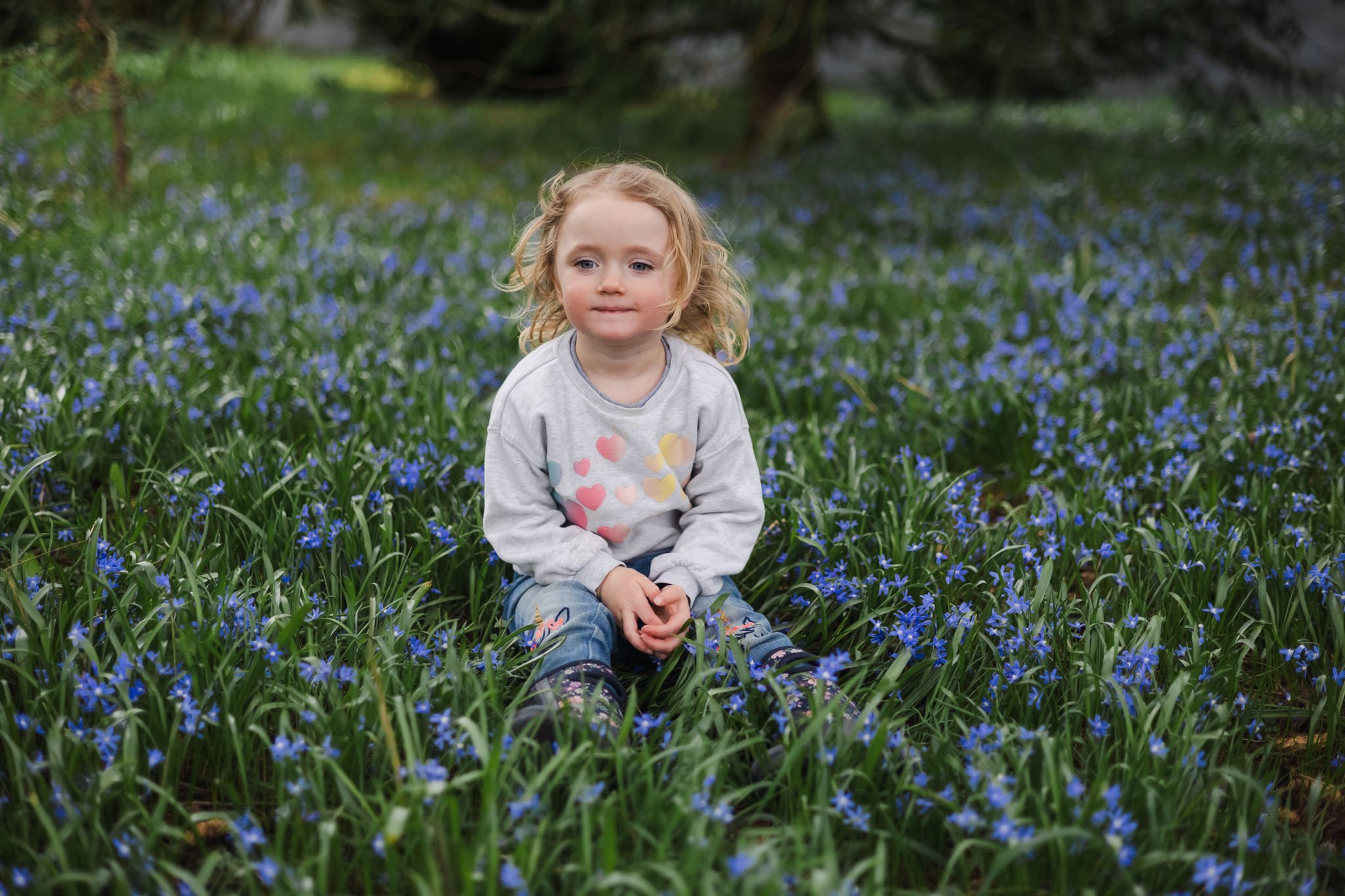 A young girl with curly blonde hair sitting on a grassy field filled with small blue flowers, wearing a grey sweatshirt with colorful hearts and blue jeans.