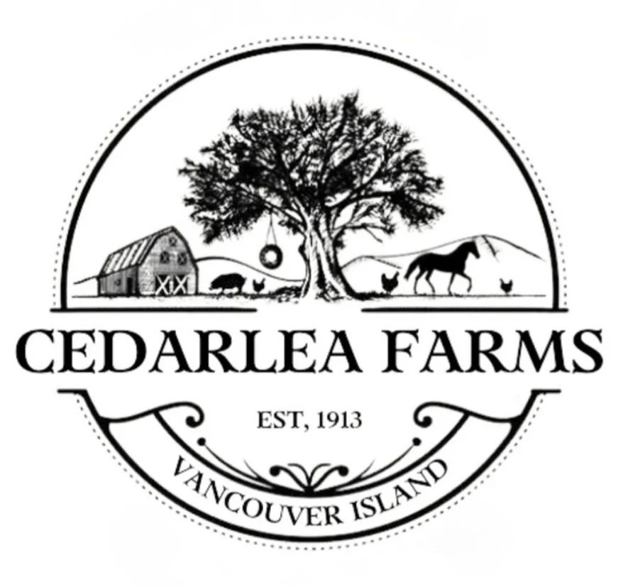 A black and white logo for Cedarlea Farms featuring a large tree, a barn, a hanging tire swing, a pig, chickens, and a horse on a farm landscape. The text includes 'CEDARLEA FARMS,' 'EST. 1913,' and 'VANCOUVER ISLAND.'
