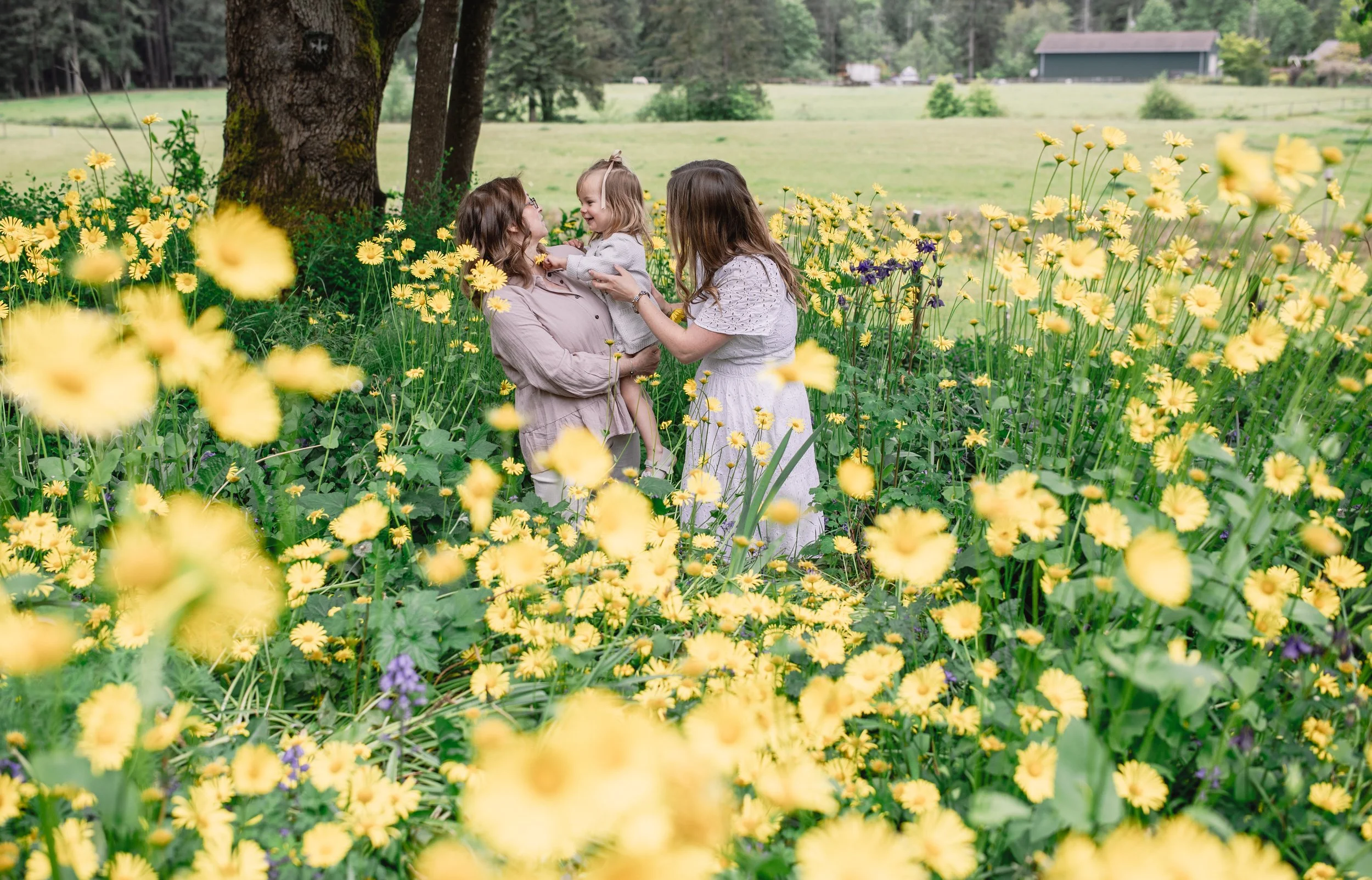 A woman and a young girl are standing among yellow flowers in a garden. The woman is holding a smaller girl in her arms, and the young girl is touching the smaller girl's face. They are smiling and appear to be enjoying a happy moment together.