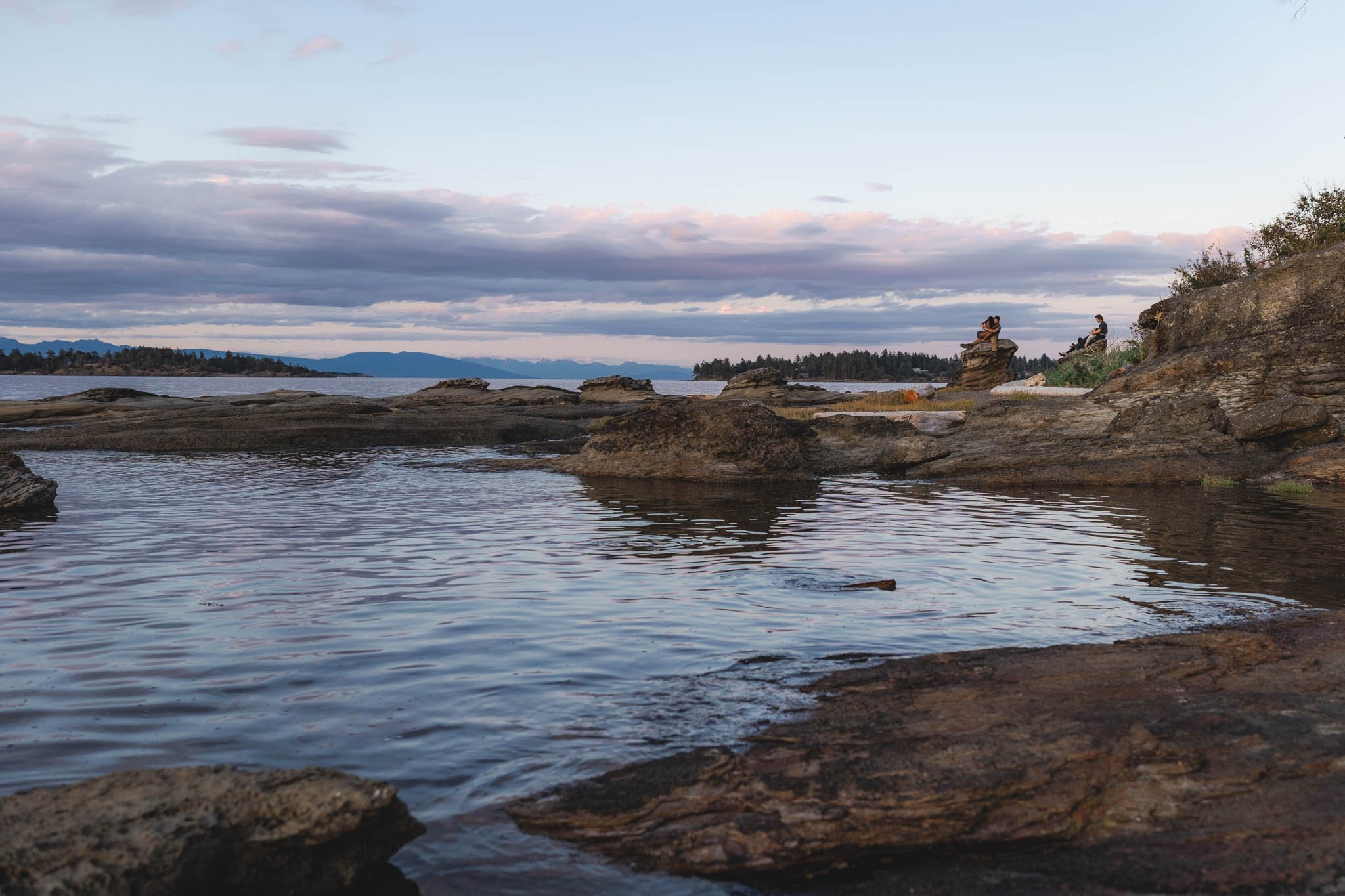 soft sunset colours at a unique rocky beach near Nanaimo
