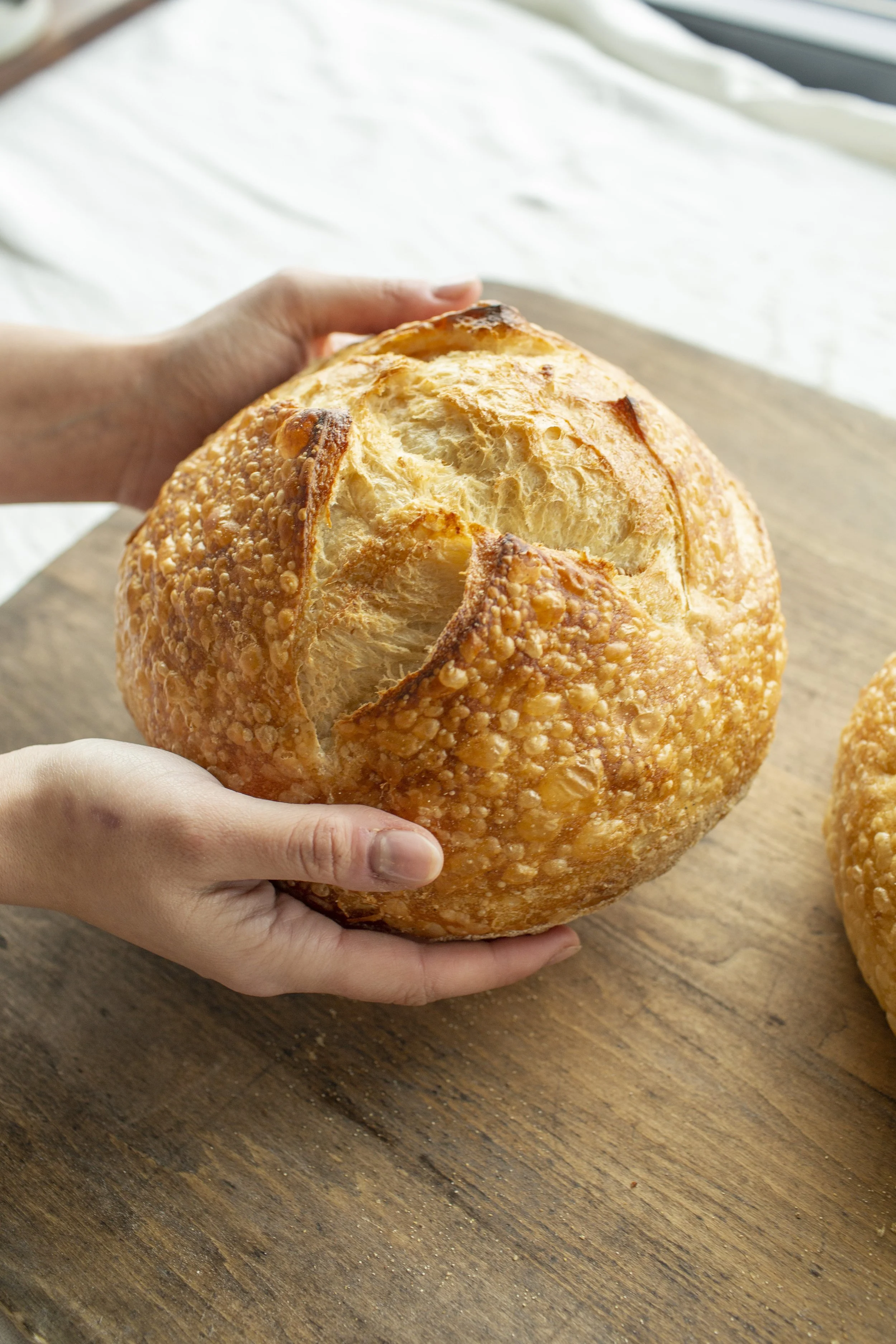 Hands holding a perfectly rounded fresh baked bread, leaning against a wooden table service.