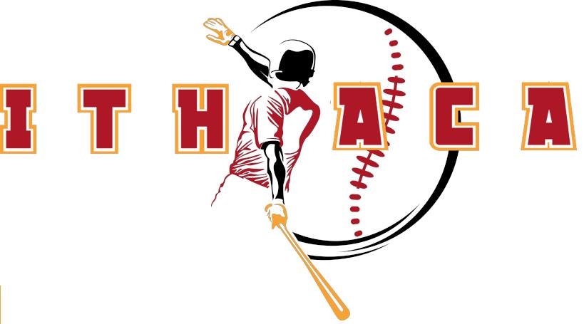 a drawn image of a baseball player with the word Ithaca