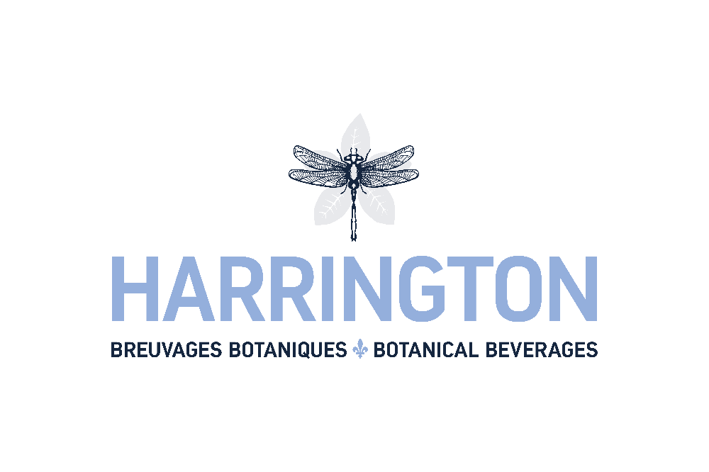 Logo de Harrington avec une libellule et texte "Breuvages Botaniques" et "Botanical Beverages".
