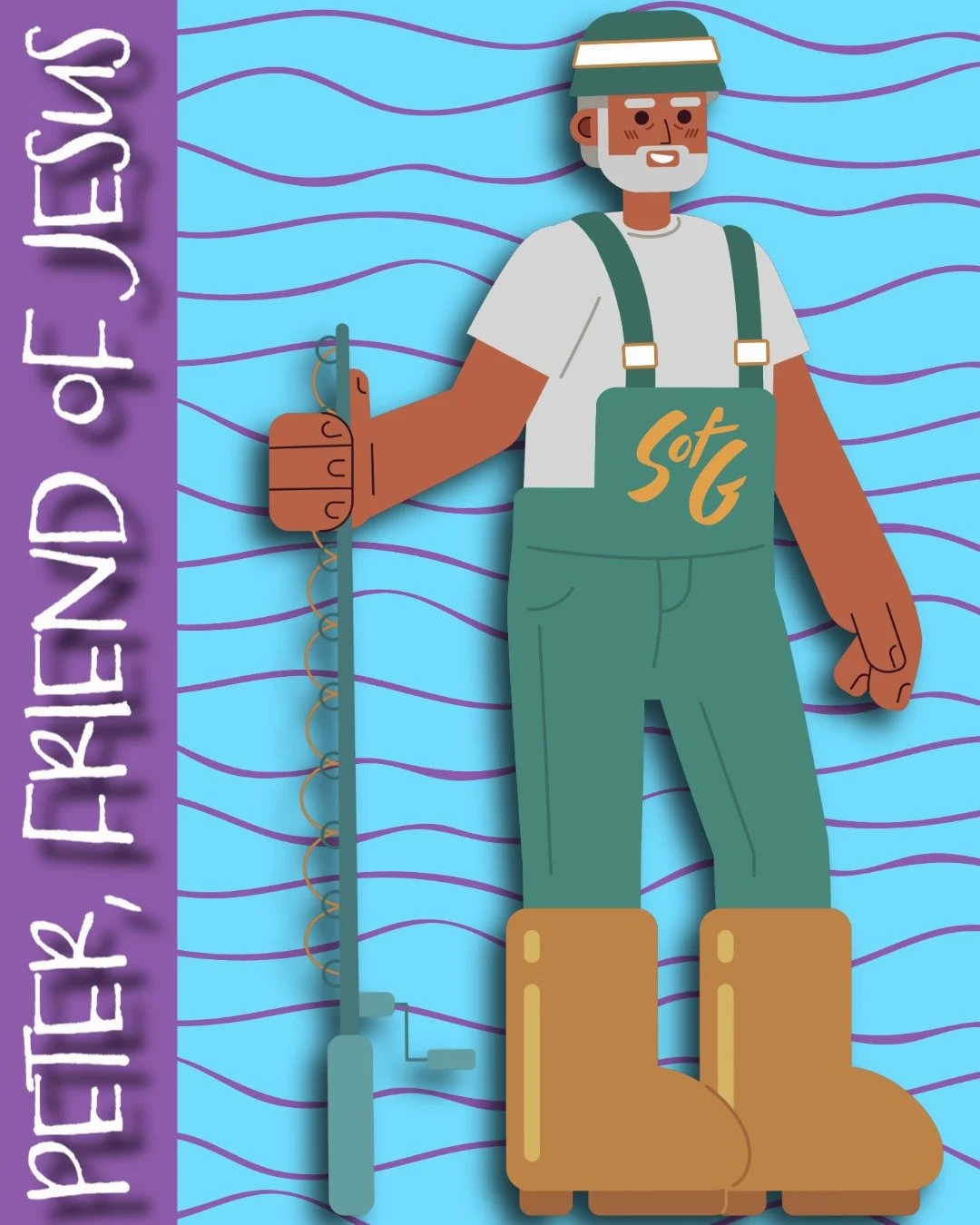 A cartoon figure man wearing overalls and boots holds a fishing pole