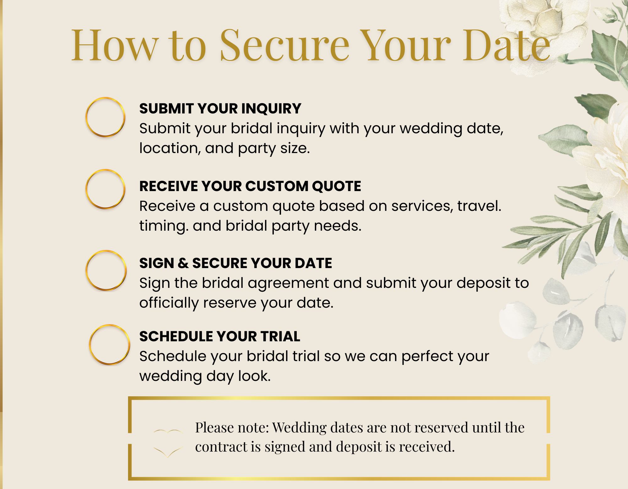 Guide titled 'How to Secure Your Date' with steps: Submit your inquiry, Receive your custom quote, Sign & secure your date, Schedule your trial, and a decorative floral border on the right side.