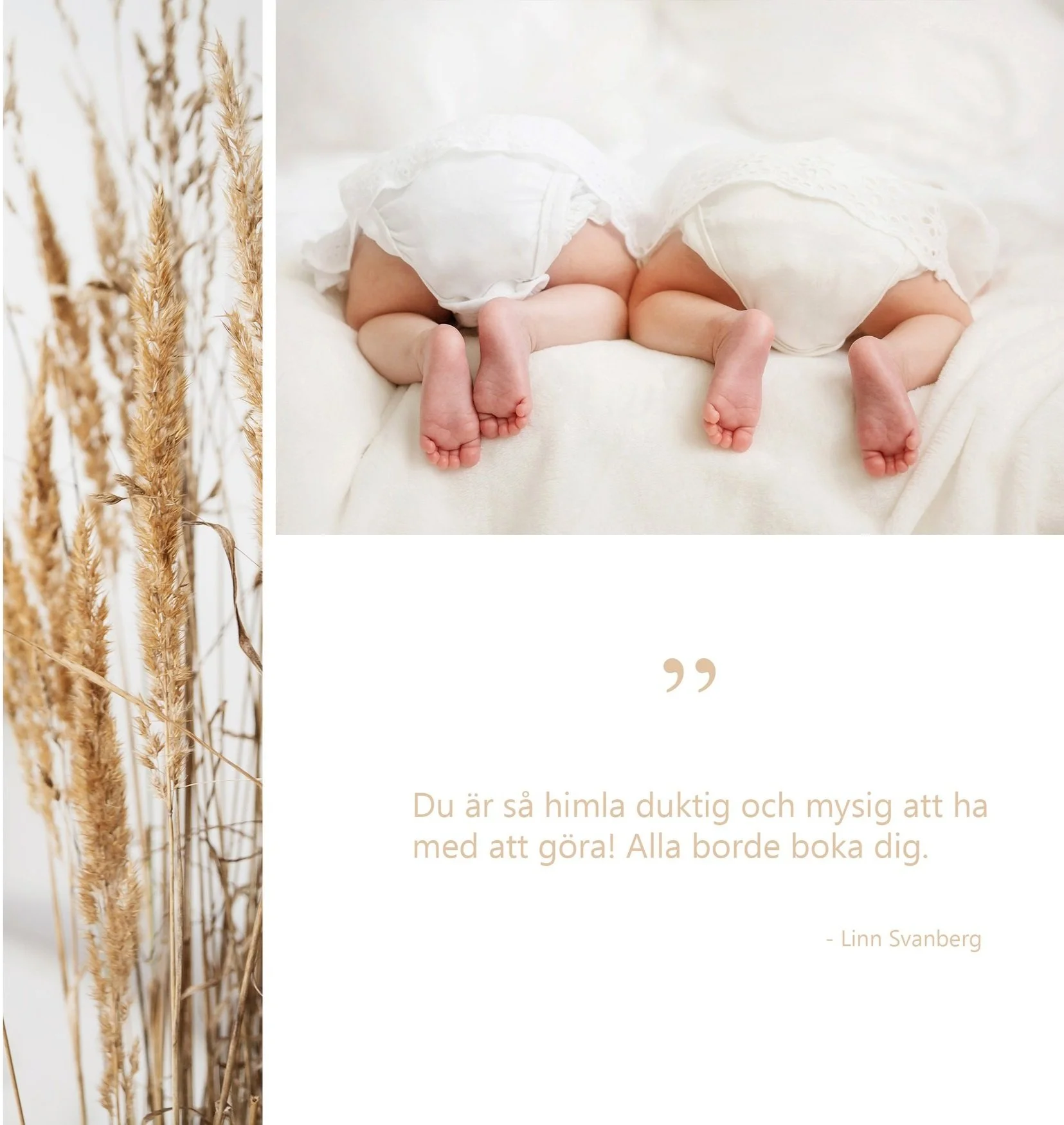 Två bebisar som ligger på mage på en vit filt, klädda i vita kläder, sett bakifrån. Till vänster en bild av torra grässtjälkar. Under bilden finns ett citat på svenska av Linn Svanberg som säger att man är mycket duktig och mysig och att alla borde boka dig.