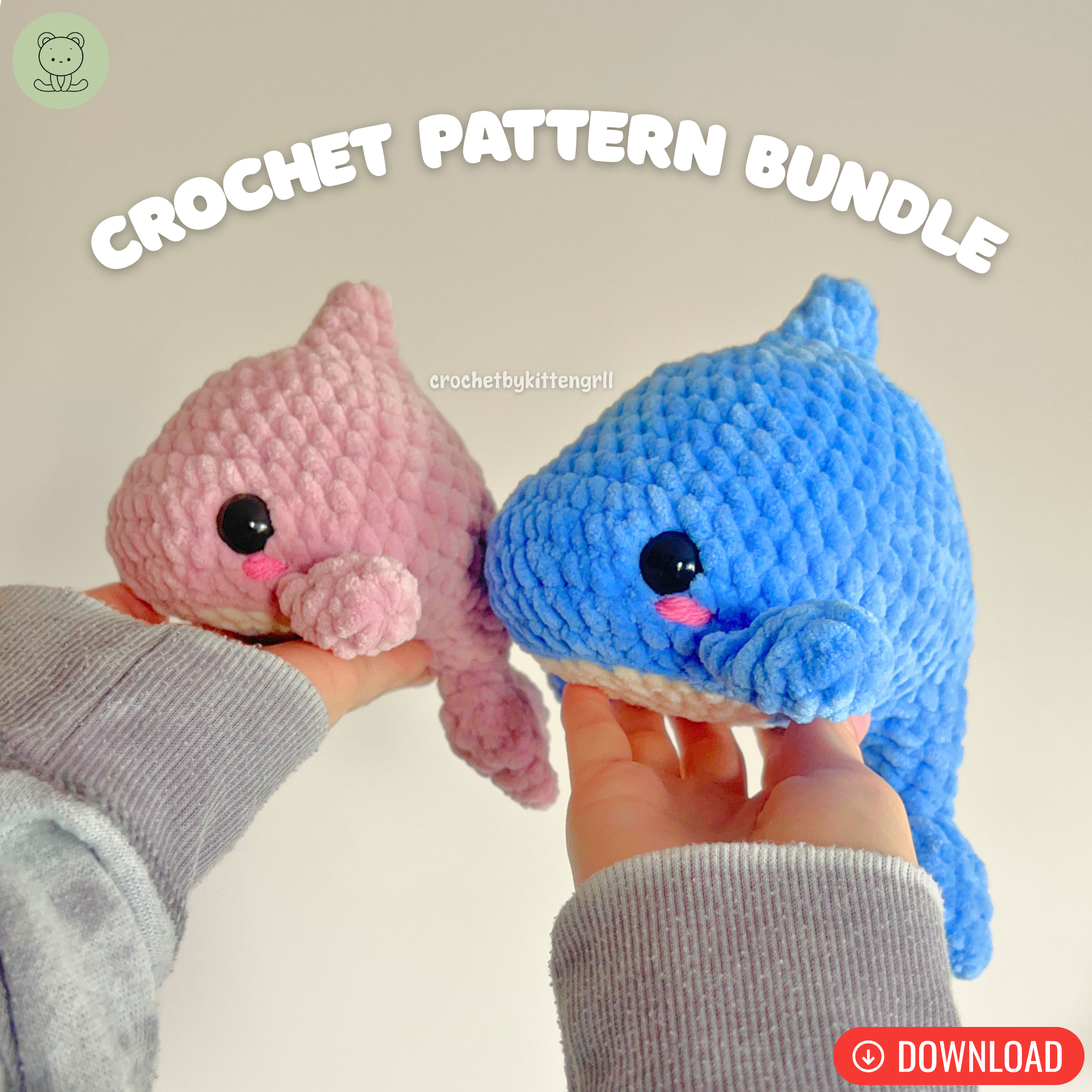 Mini & Small No-Sew Dolphins DIGITAL PDF Crochet Pattern Bundle
