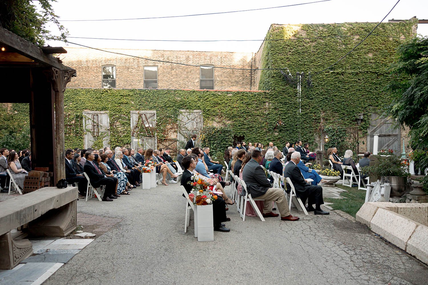 guests seated for outdoor ceremony at Salvage One in Chicago