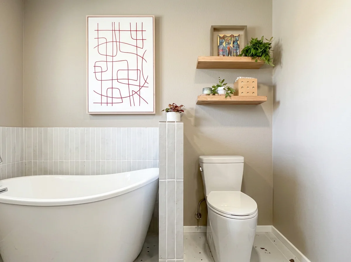 Custom bathroom storage showcasing natural floating wood shelves over a toilet in a Gig Harbor remodel.