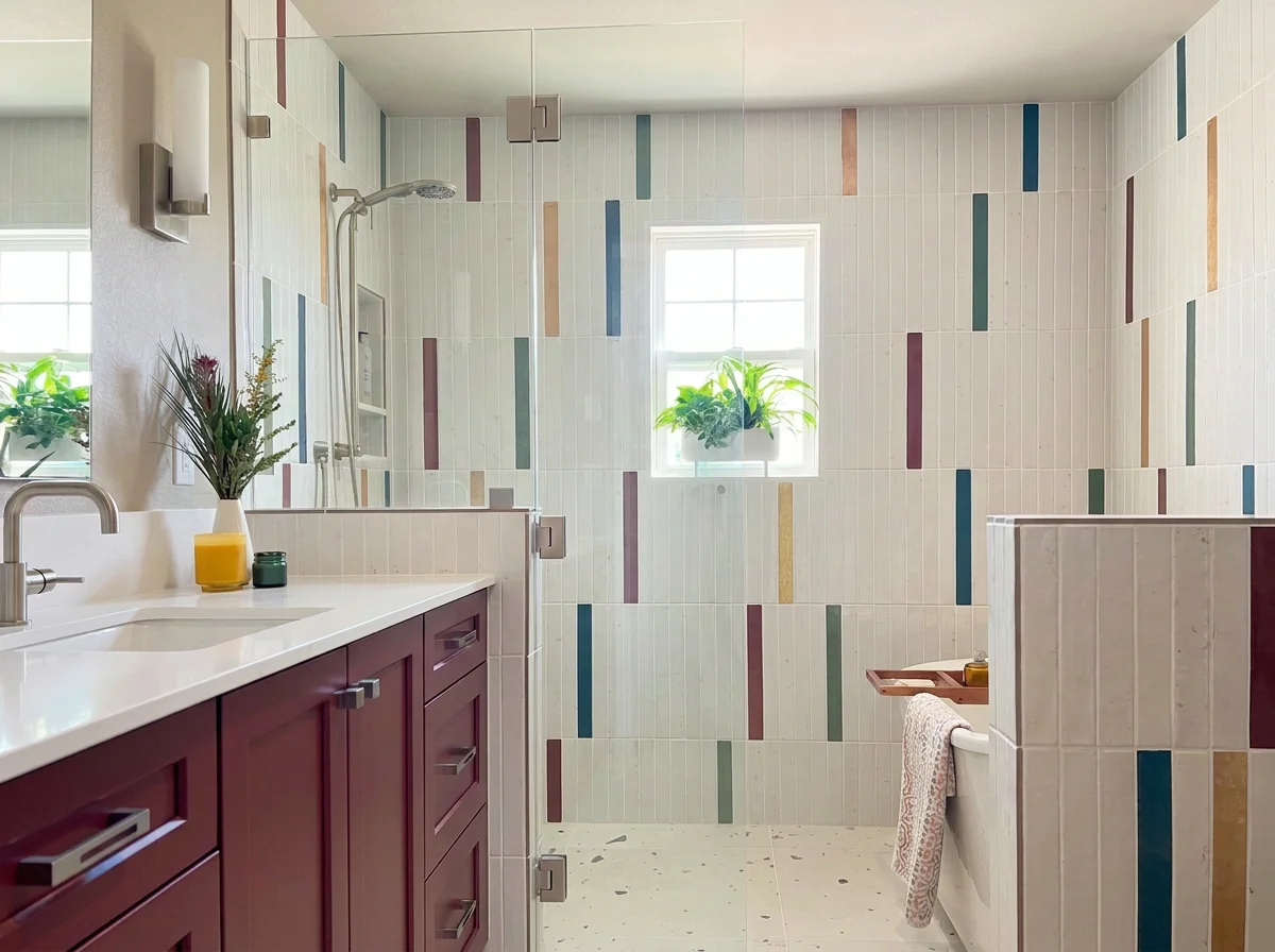 Vibrant bathroom remodel featuring colorful vertical striped walls and a modern dark wood vanity in Tacoma.
