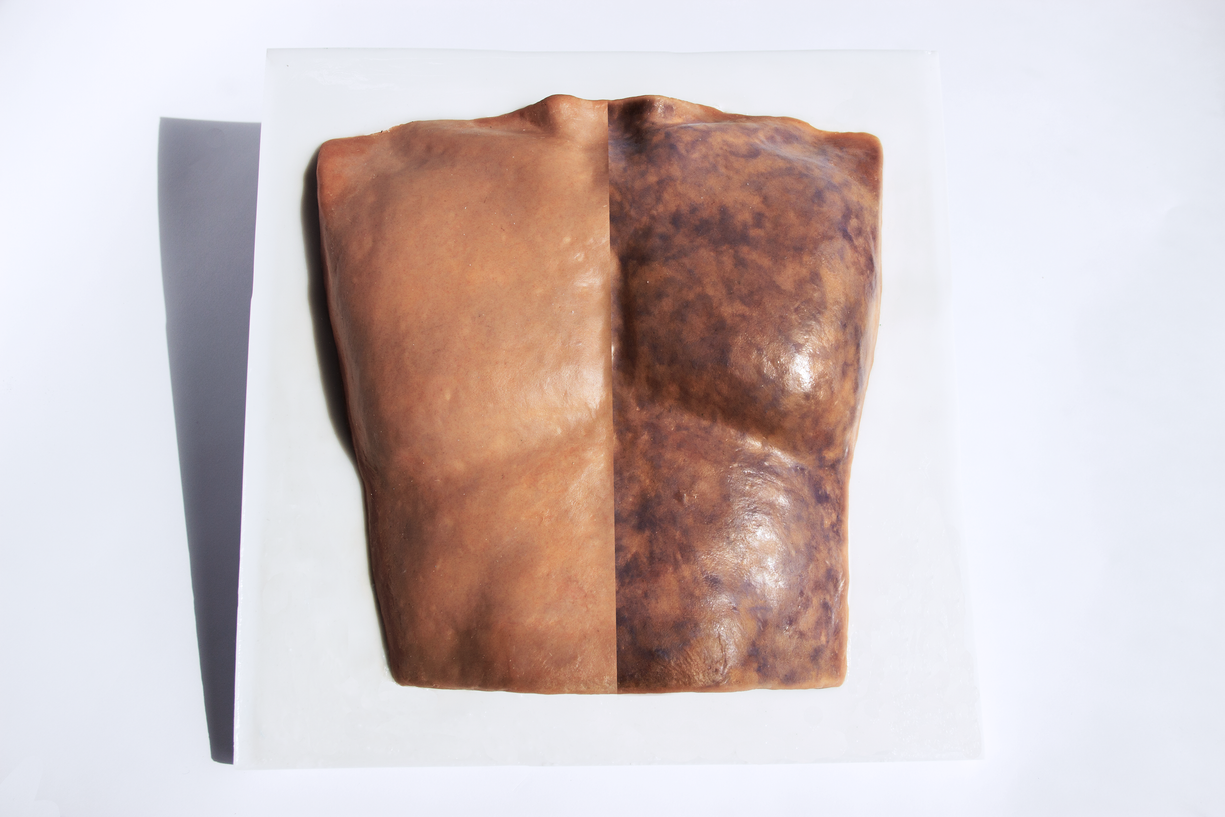 ANTI-SWEAT SKIN - From Speculative Design research TECHOSMETICS & THE SYNTHETIC SKIN SALON.  A skin sample reproduction of ACTIVATED AND DEACTIVATED ANTI-SWEAT SKIN.