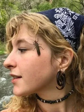 Anna tilts her face towards the camera to display a stonefly perched on her temple. She is, a young white woman with blonde hair and a blue bandana. The stonefly is several inches long with a brownish-red body and brown wings.