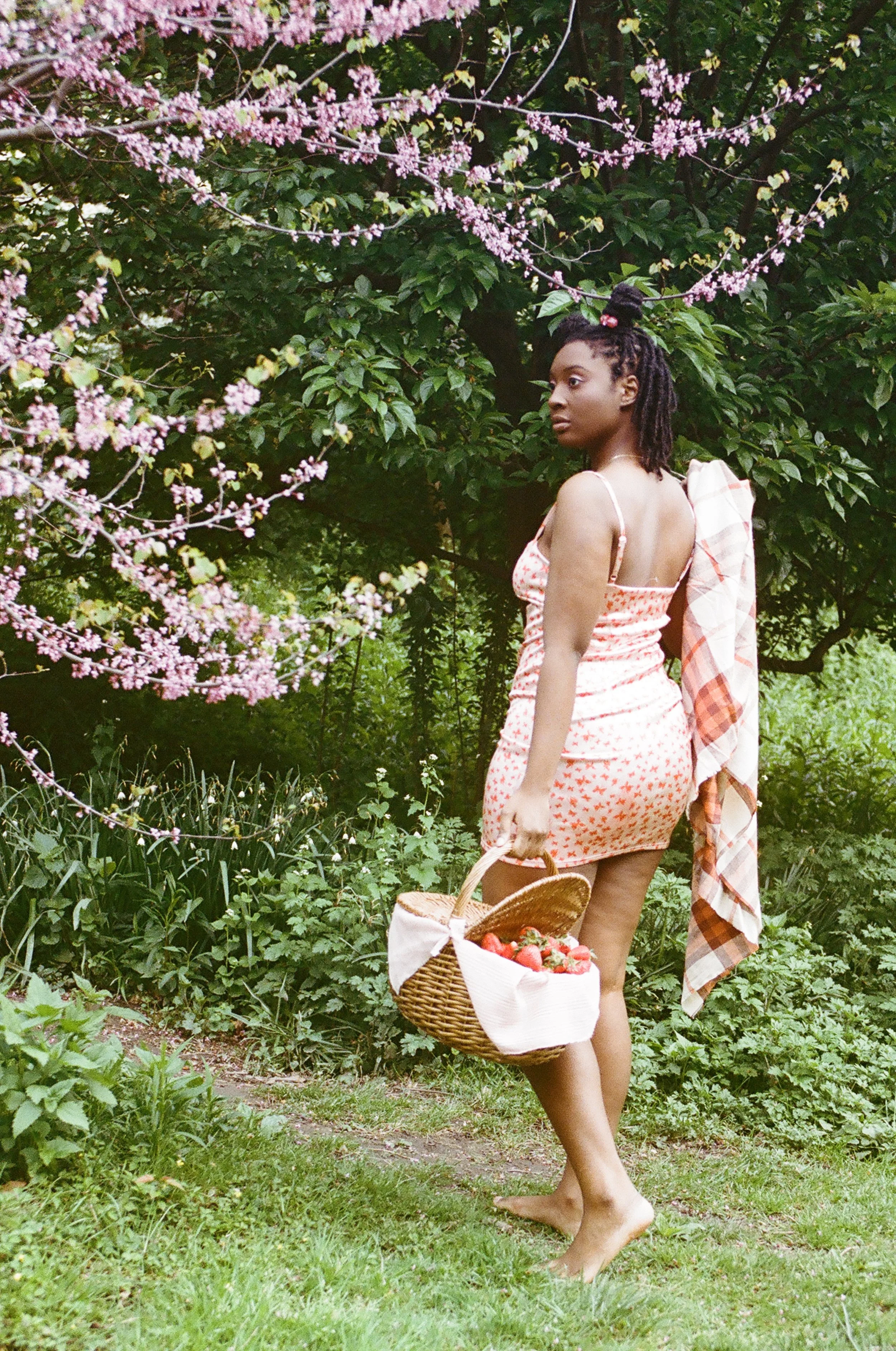 woman walking with picnic basket in field