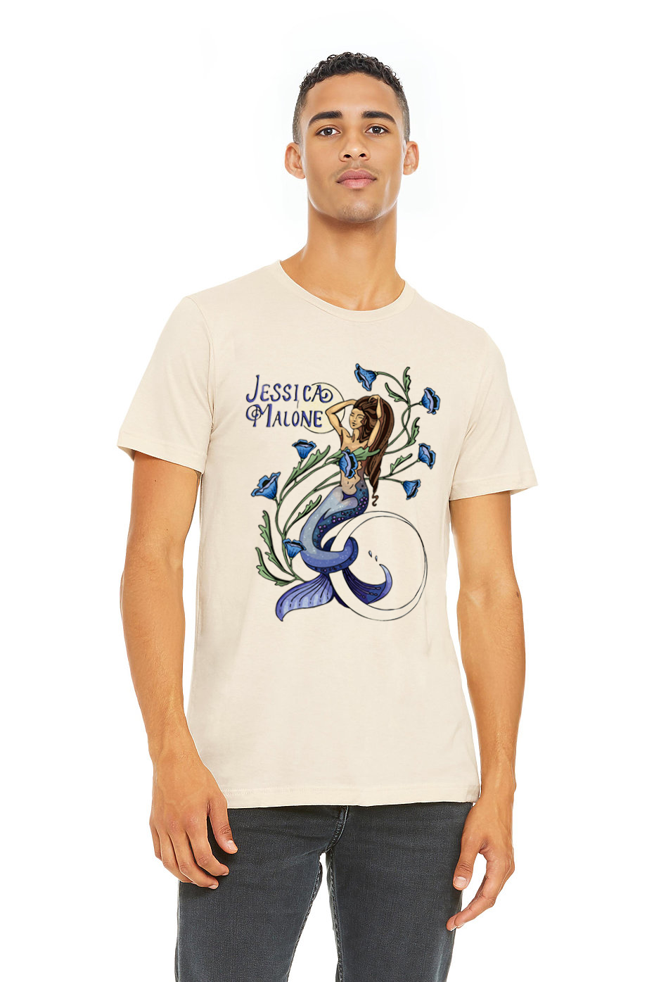 Jessica Malone Mermaid shirt mockup on Bella Canvas 3001 in Heather Dust