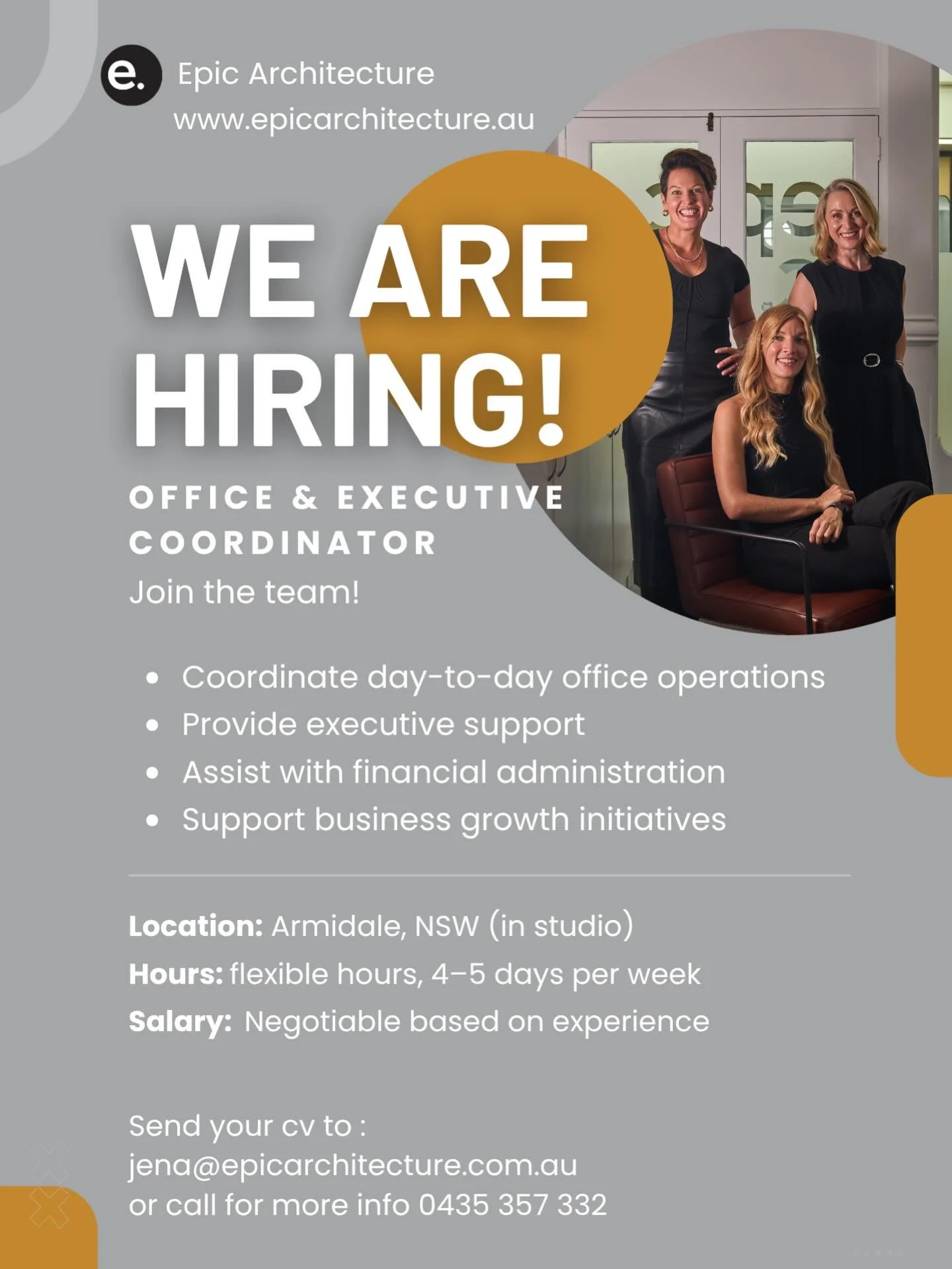 THE POSITION HAS BEEN FILLED!

🚨 WE&rsquo;RE HIRING 🚨

Epic Architecture is looking for a Part-Time Practice Coordinator to join our team in Armidale.

We&rsquo;re searching for someone who loves organisation, systems, people, and helping a busy bu
