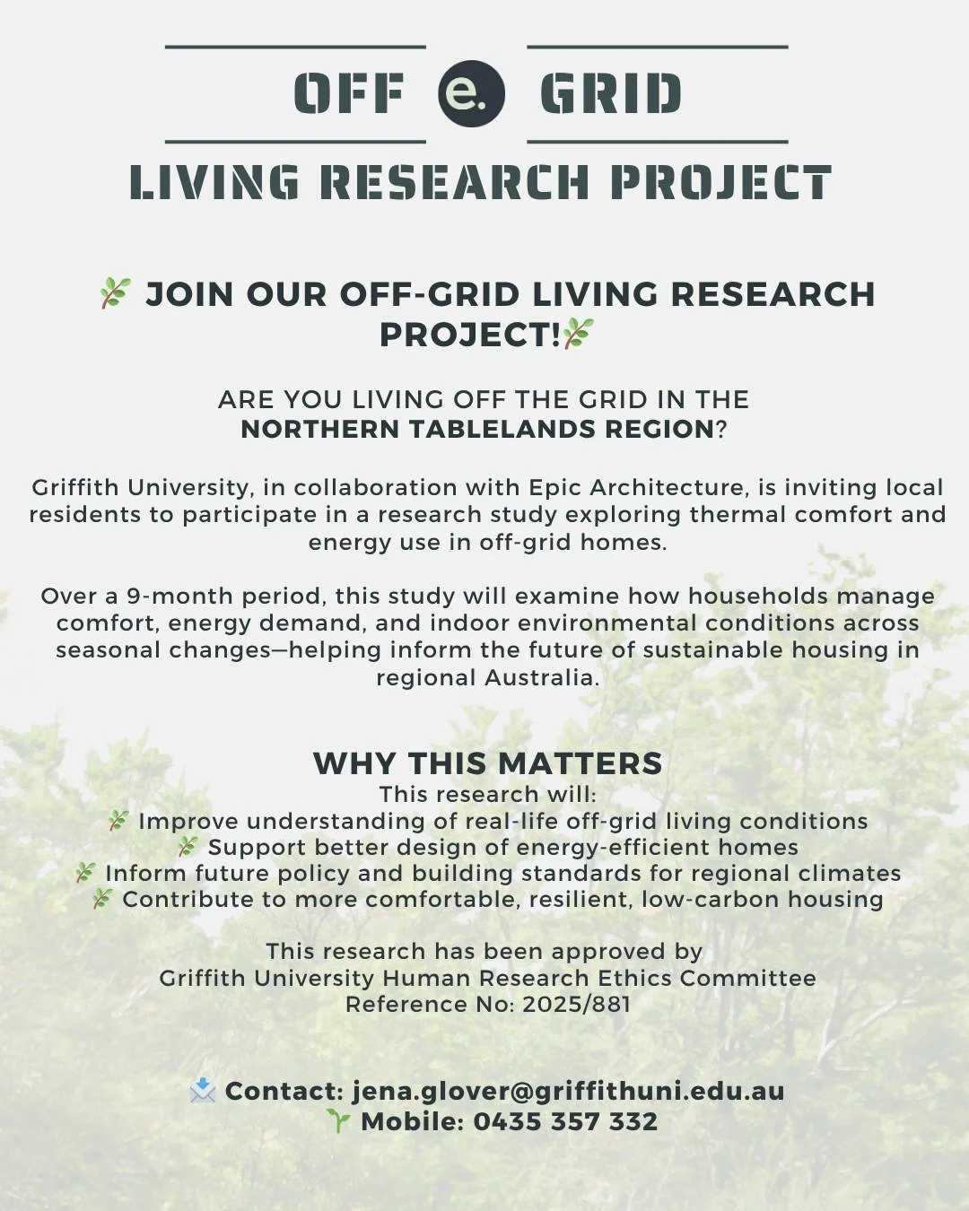Join our Off-Grid Living Research Project 🌿
We&rsquo;re working with Griffith University to better understand how real homes perform&mdash;across seasons, energy use, and everyday comfort.

If you&rsquo;re living off-grid in the Northern Tablelands,