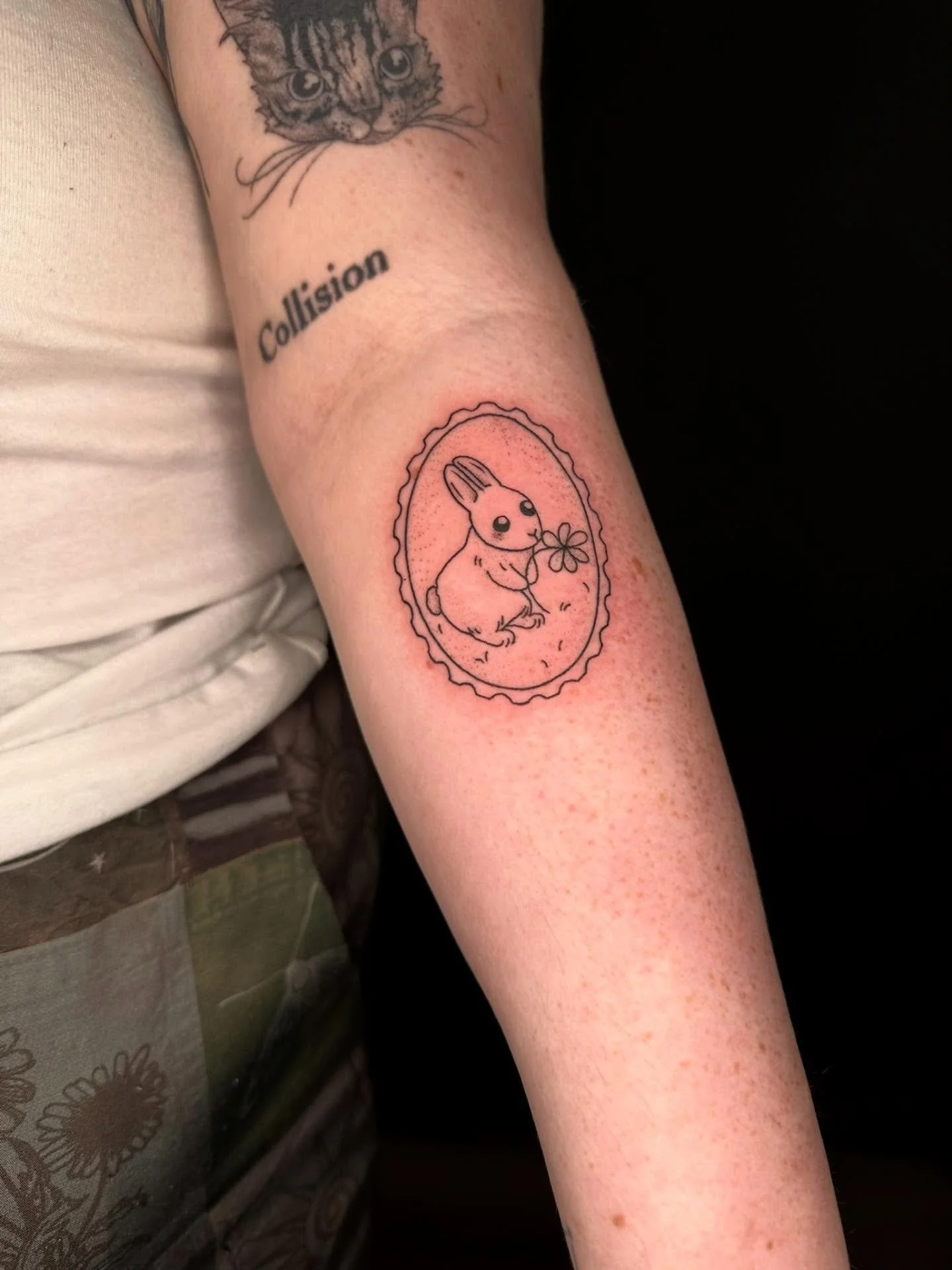 Two new pieces for Maddie!! Plus a three month healed cat portrait!!!🐰🌱🐱 

Booking January and February @darkartstattoomd just send a DM or my booking form for a spot💖